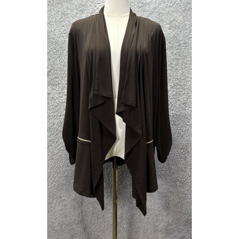Chicos Womens 2 L Brown Draped Open Front Jacket Gold Zip Pockets Stretch